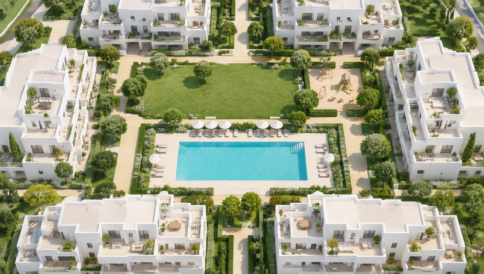 Vista aérea de la comunidad: casas blancas, jardín y piscina